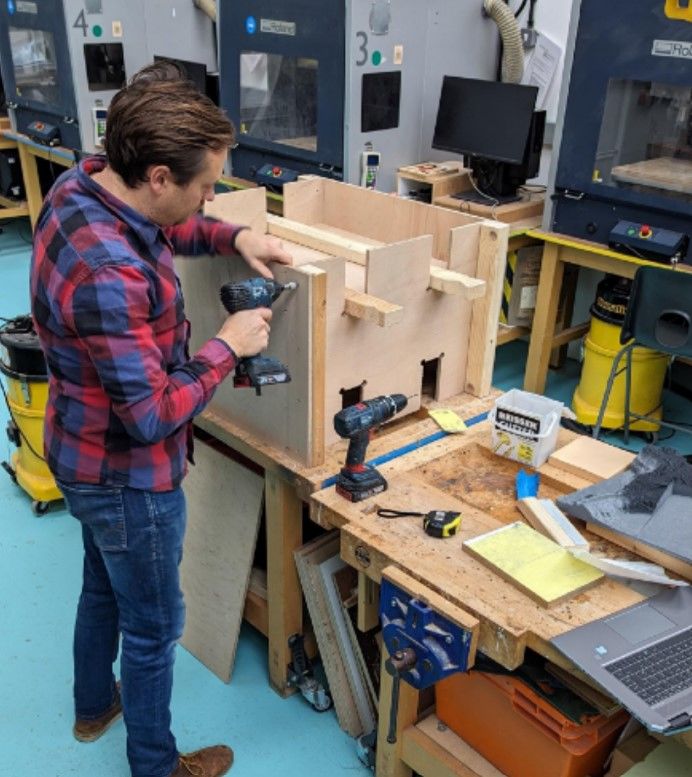 Senior Technician Oliver Hatfield making a protoype shrinking box