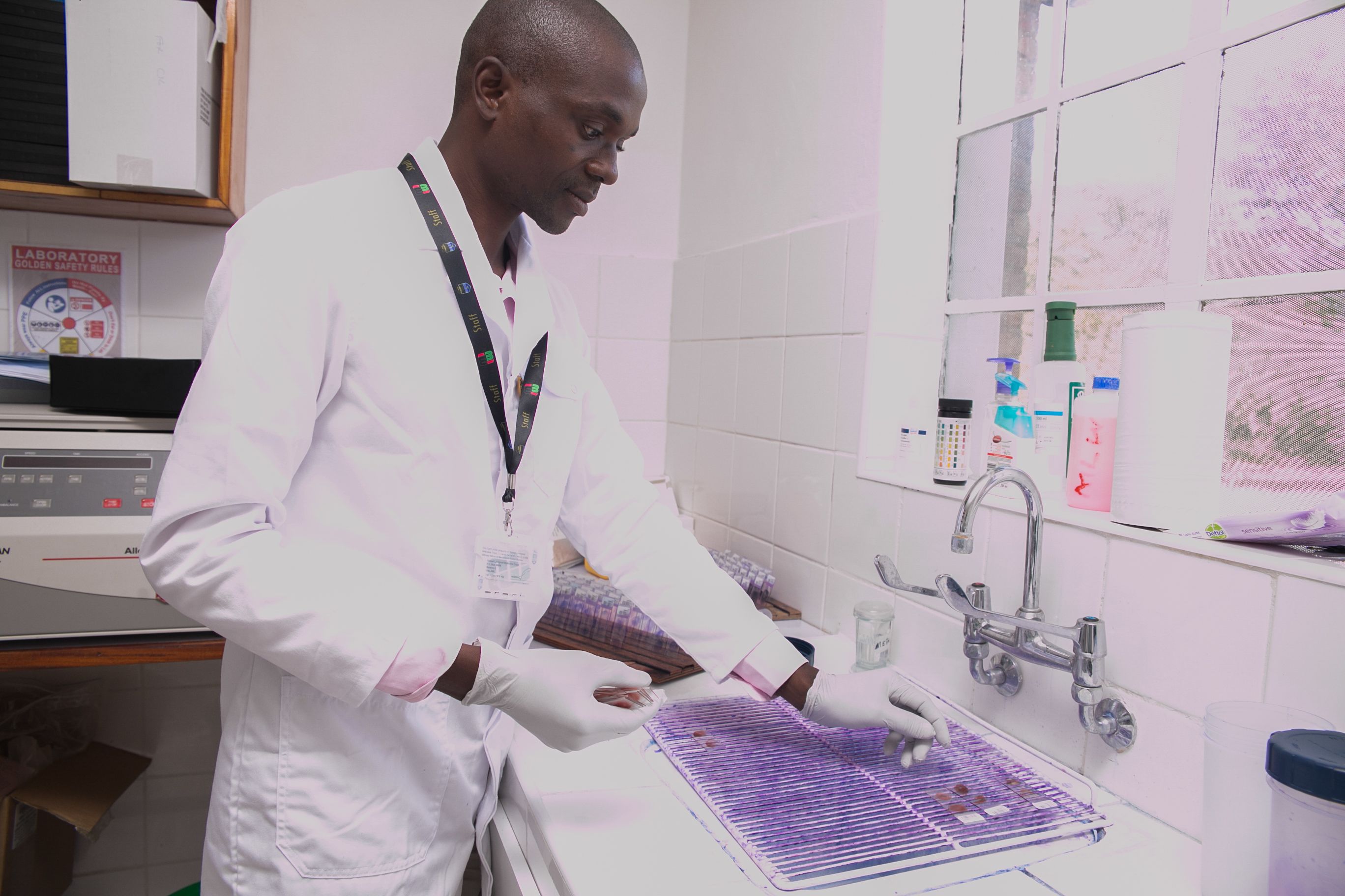 Wellcome Trust staff working with samples over a sink