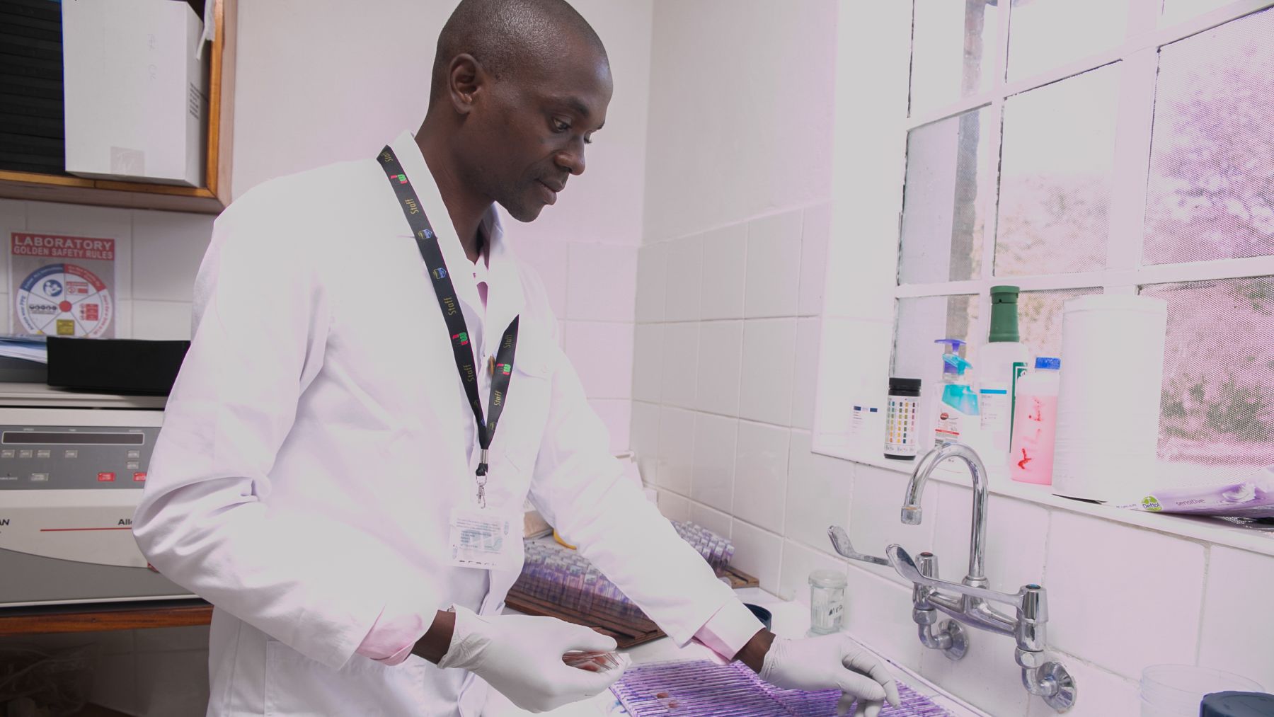 Wellcome Trust staff working with samples over a sink