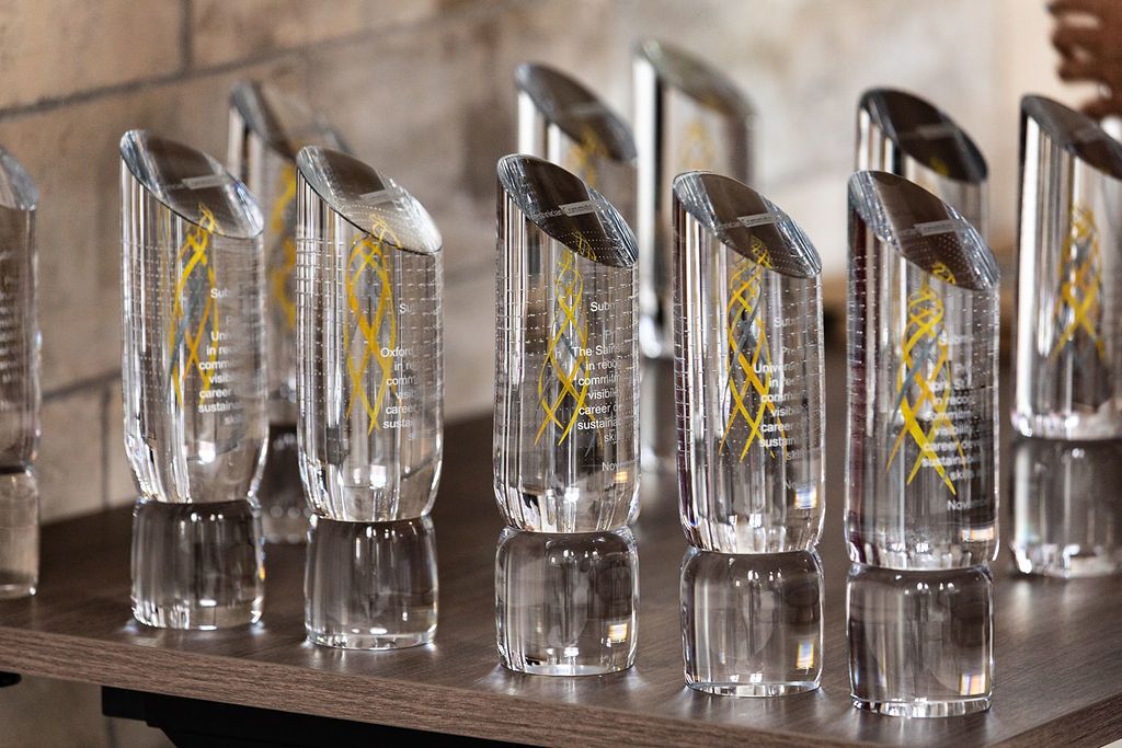 glass awards on a table