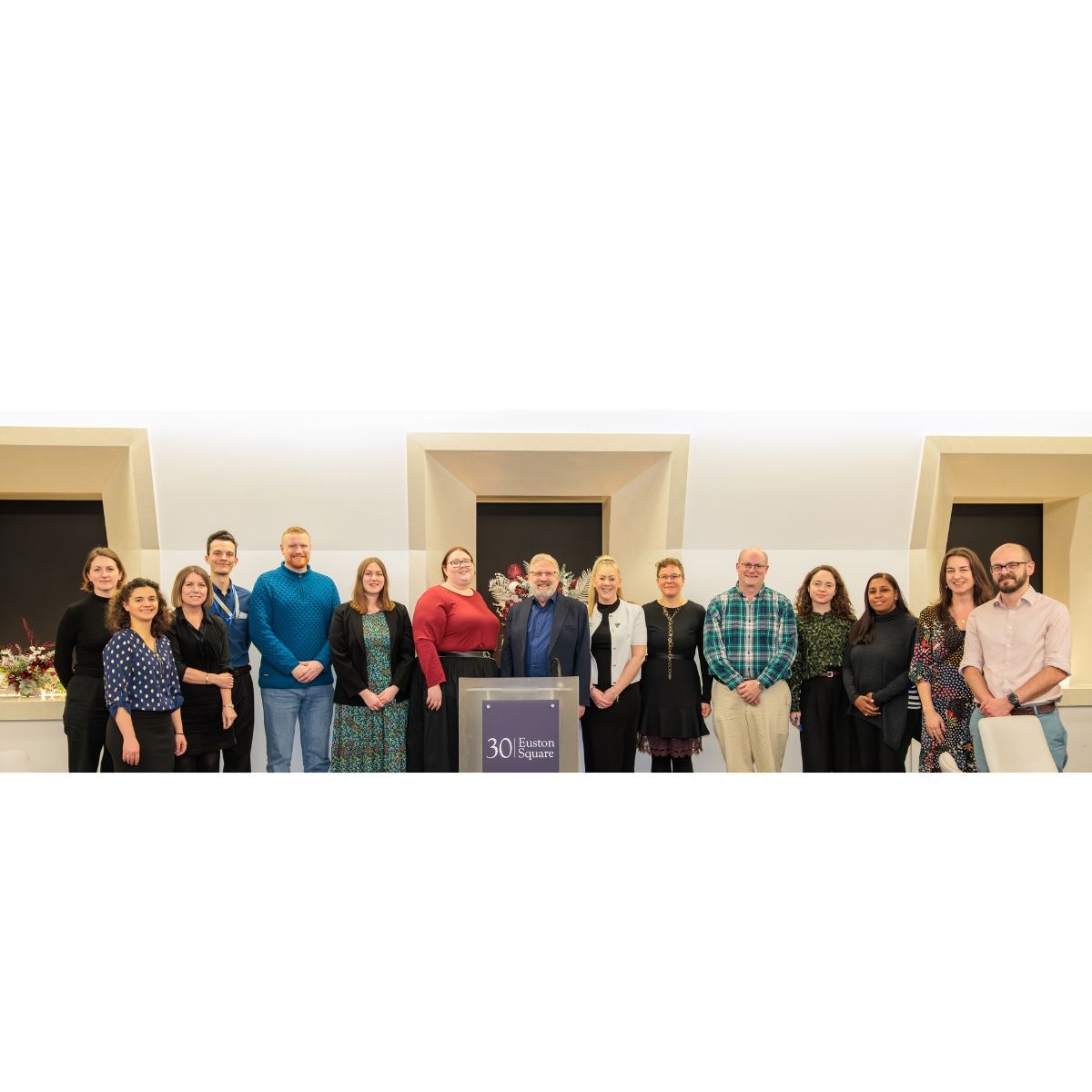 Group photo of most of the morning and afternoon speakers at the November 2025 Technician Commitment Signatory Event at 30 Euston Square, London. Left to right:  Sally Morgan, Technical Services Manager at the University of Edinburgh School of Engineering; Dr Aline Tabib-Salazar, Technician Career Pathways Programme Manager at The Institute of Cancer Research;  Dr Kelly Vere MBE, Director of UK ITSS; Charlie Baker, Research Fellow at UK ITSS; Dr Ian Hancox, Co-Director of UK ITSS;  Aimee Parker, Co-Founder of the Early-Career Technicians Network; Aimee Wilkin, Co-Founder of the Early-Career Technicians Network;  Simon Wilson, Director of Wilson Sheriff Ltd. (facilitator); Jo Hartley-Metcalfe, Universities T-Levels Support Manager at UK ITSS; Dr Barbara Kunz, Technician Commitment Lead at The Open University; John Elvin, Industry Engagement Programme Manager at the Royal Society;  Cagla Stevenson, Senior Policy Adviser at the Royal Society; Brigitte Denis, Laboratory Manager at Malawi Liverpool Wellcome Research Programme; Catherine Perry, Professional Registration Specialist and Technician Commitment Project Lead at the Royal Society of Chemistry; Nik Ogryzko, Senior Talent Programme Manager at UKRI.